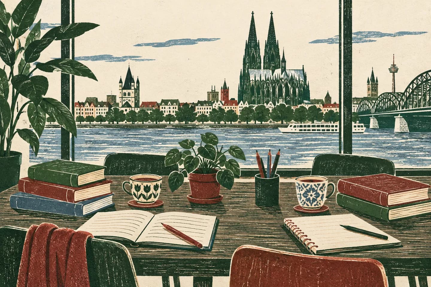 Illustration: Lerntisch mit Blick auf Rhein und Kölner Dom