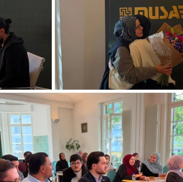 Teilnehmende im Seminarraum und Dank an die Referentin mit Blumen